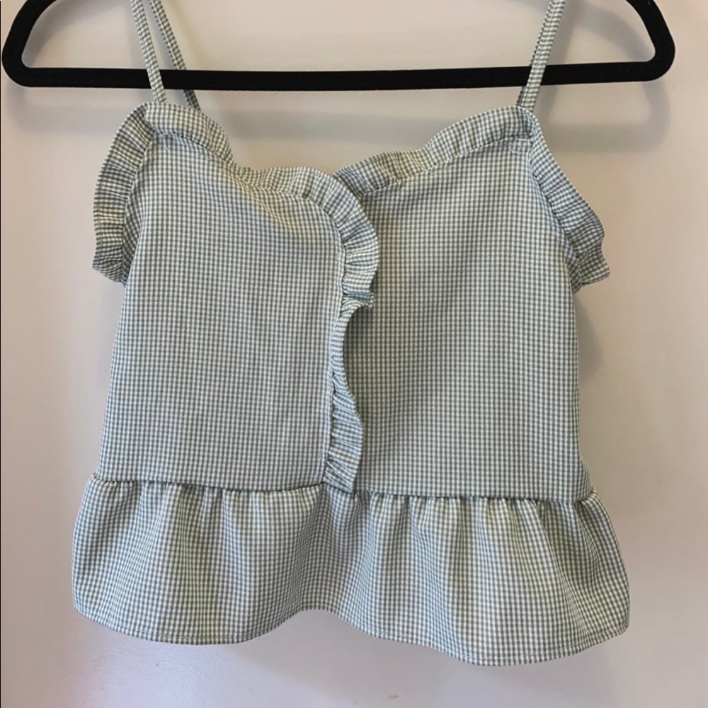 Green and white gingham peplum top
